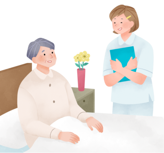 入院中に看護師と話している多発性骨髄腫患者さん